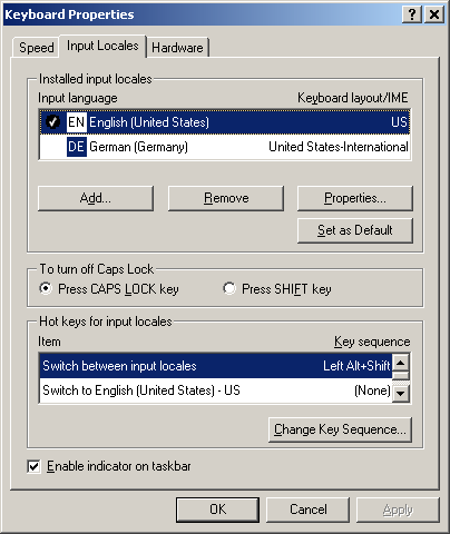 Keyboard Properties | Input Locales after adding German